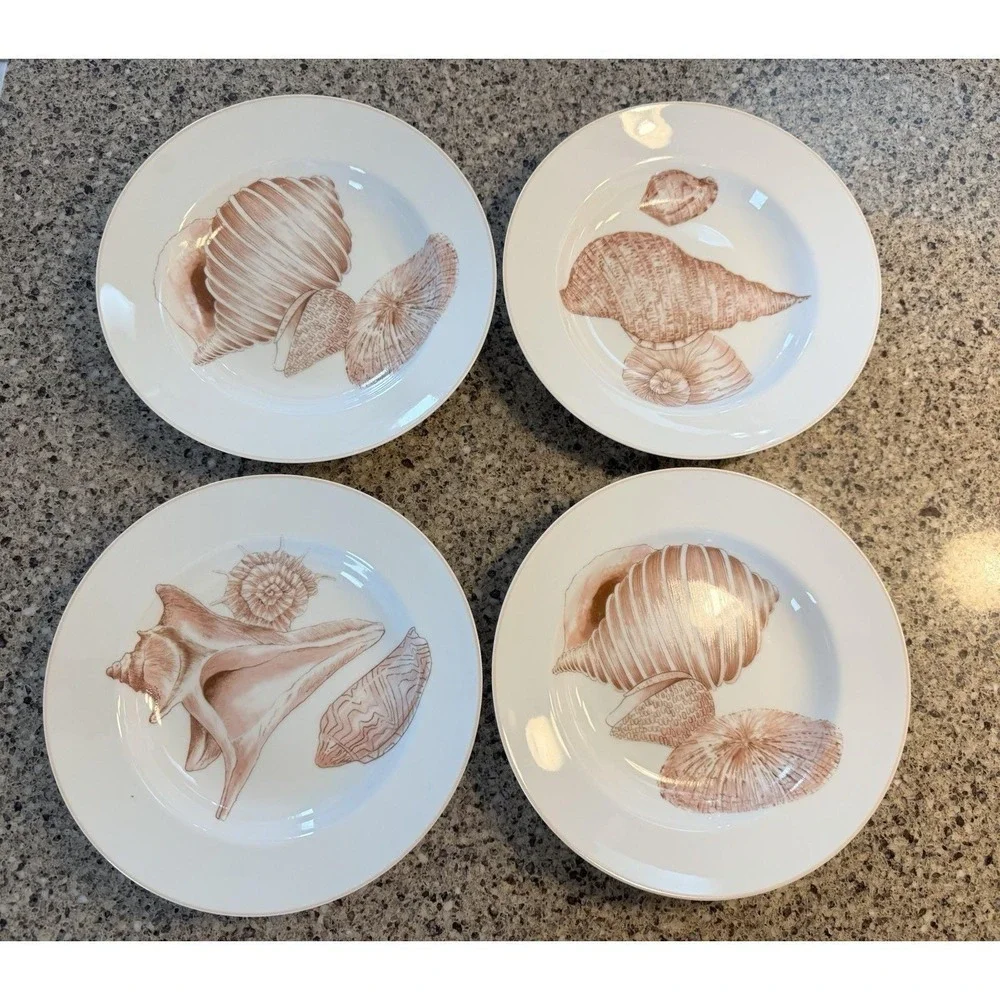 Set Of 4 - VTG  Fitz & Floyd Coquille Lg Rim Soup Bowls Peach Shells Coastal EUC